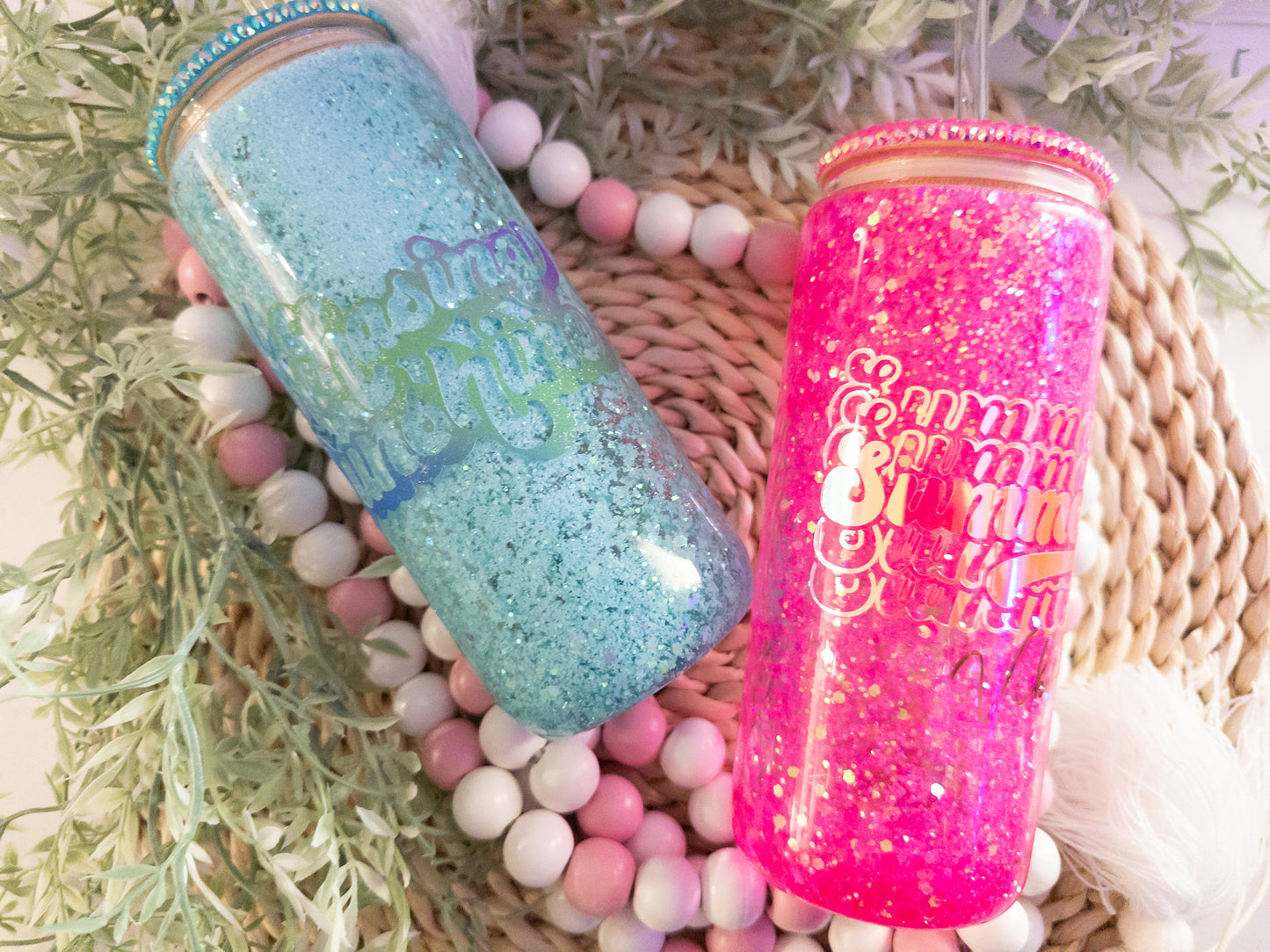 Summer Snow Globe Glass Can| Summer Vibes Glass Can