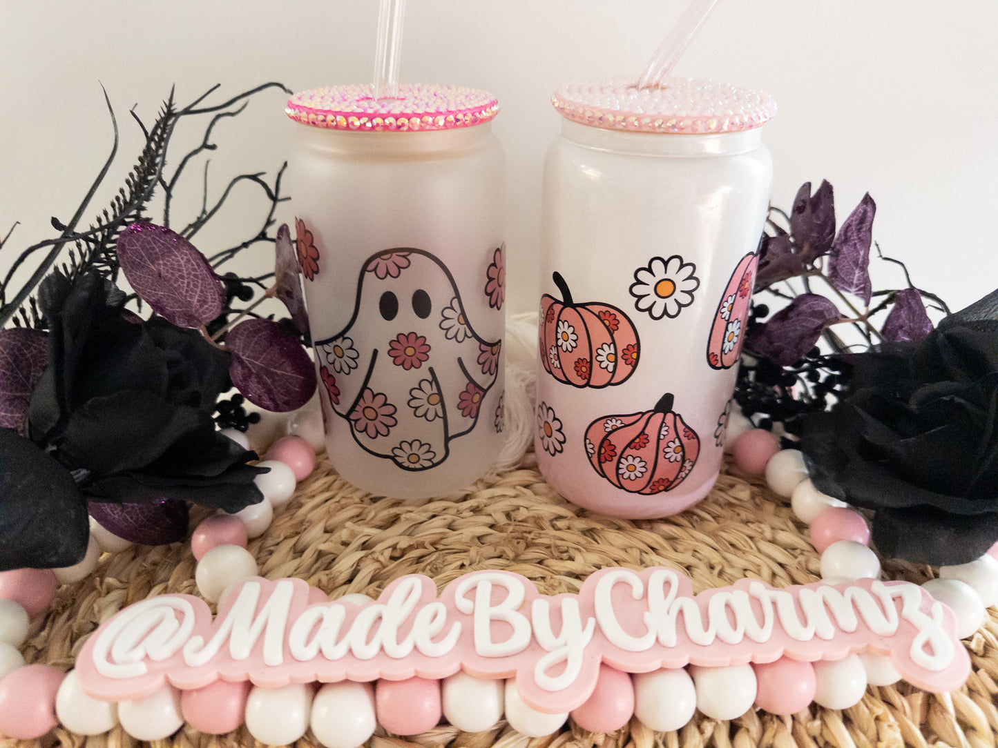 Cute Retro Boo Floral Glass Can|