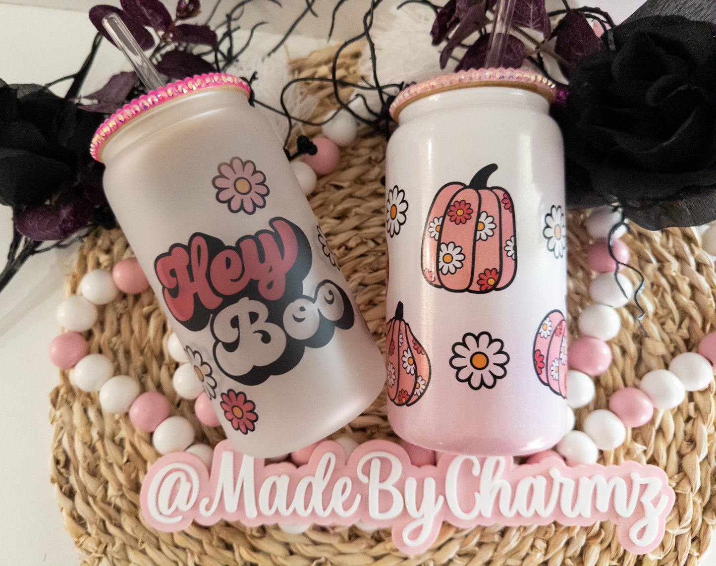 Cute Retro Boo Floral Glass Can|