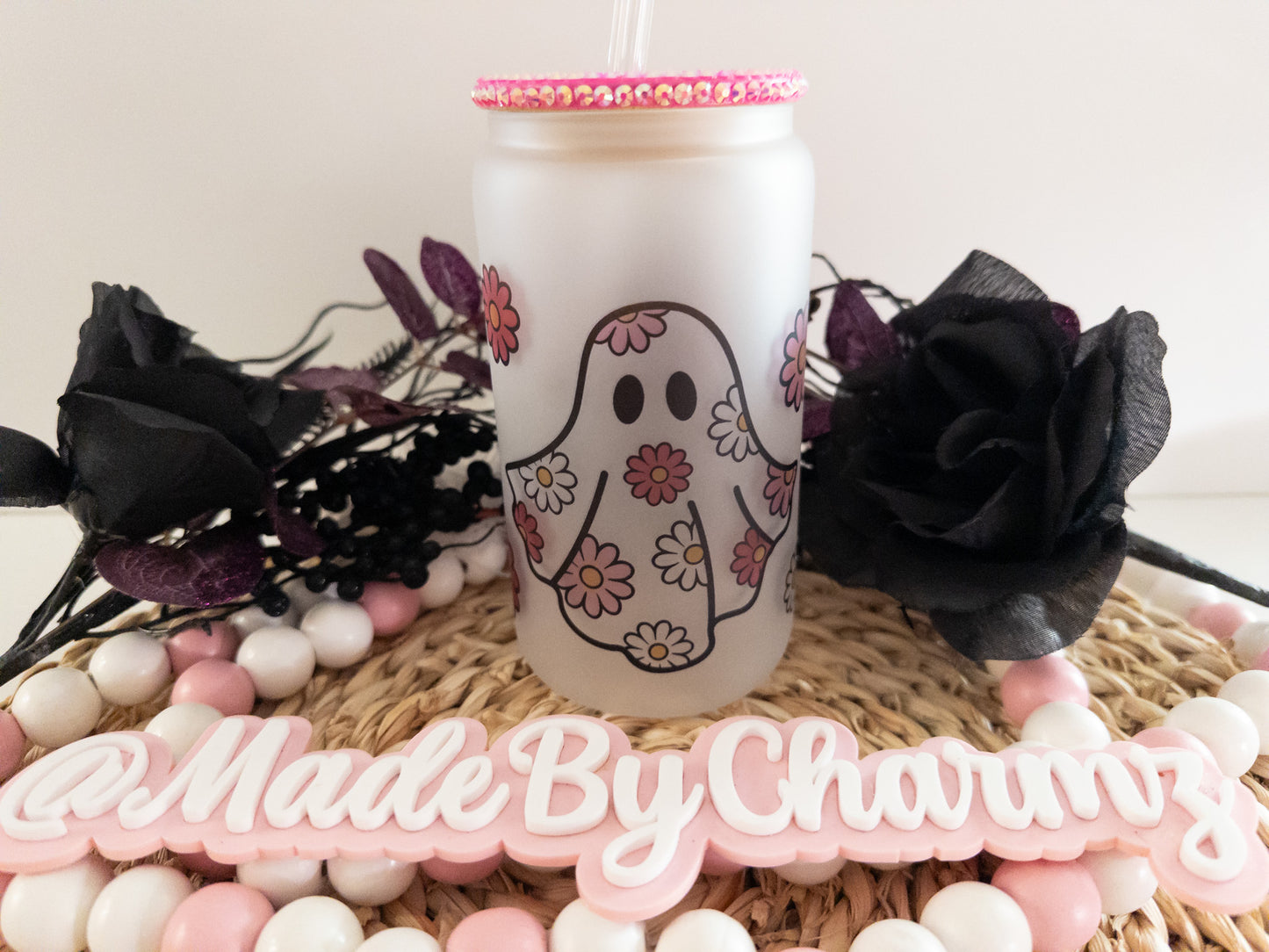Cute Retro Boo Floral Glass Can|