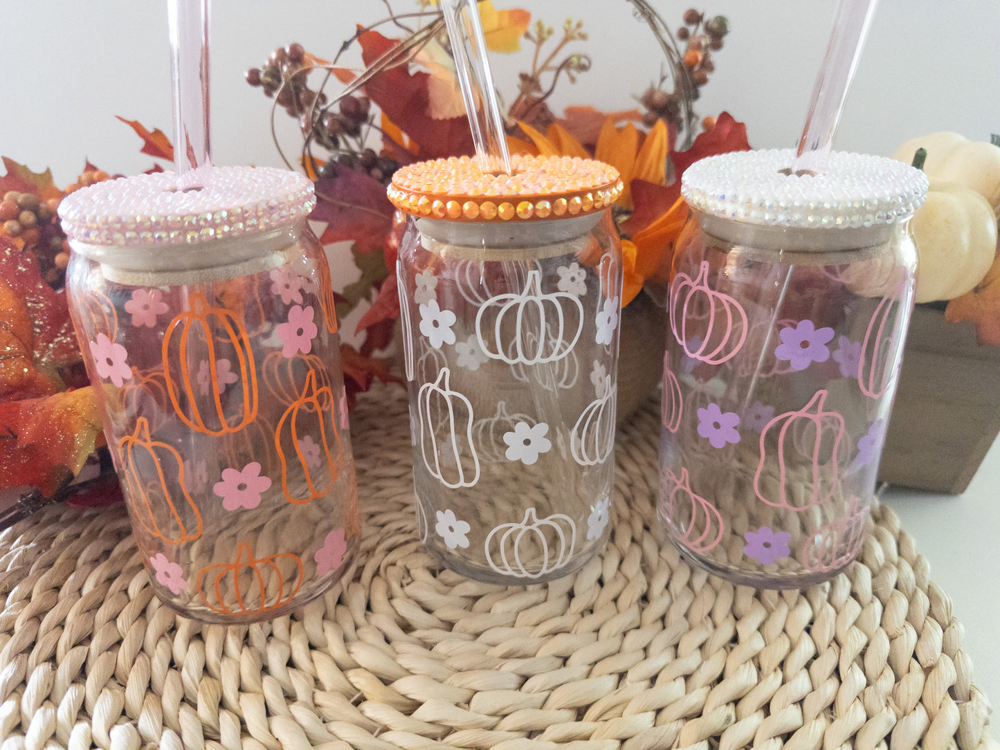 Pumpkin Retro Flower Glass Can