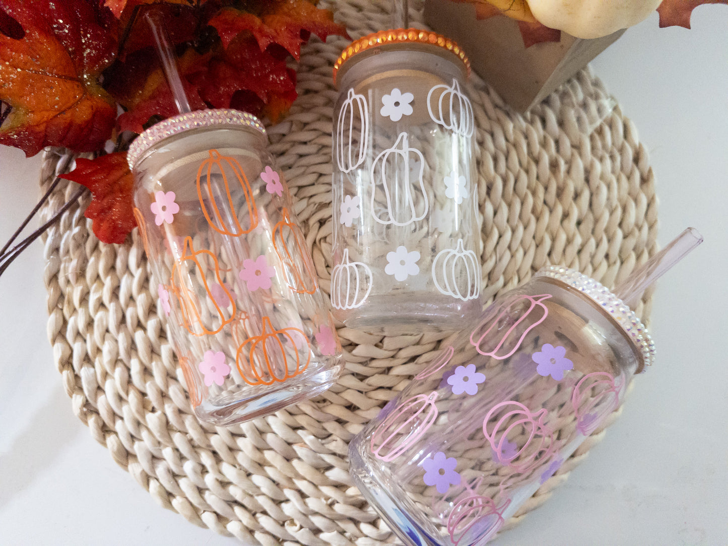 Pumpkin Retro Flower Glass Can