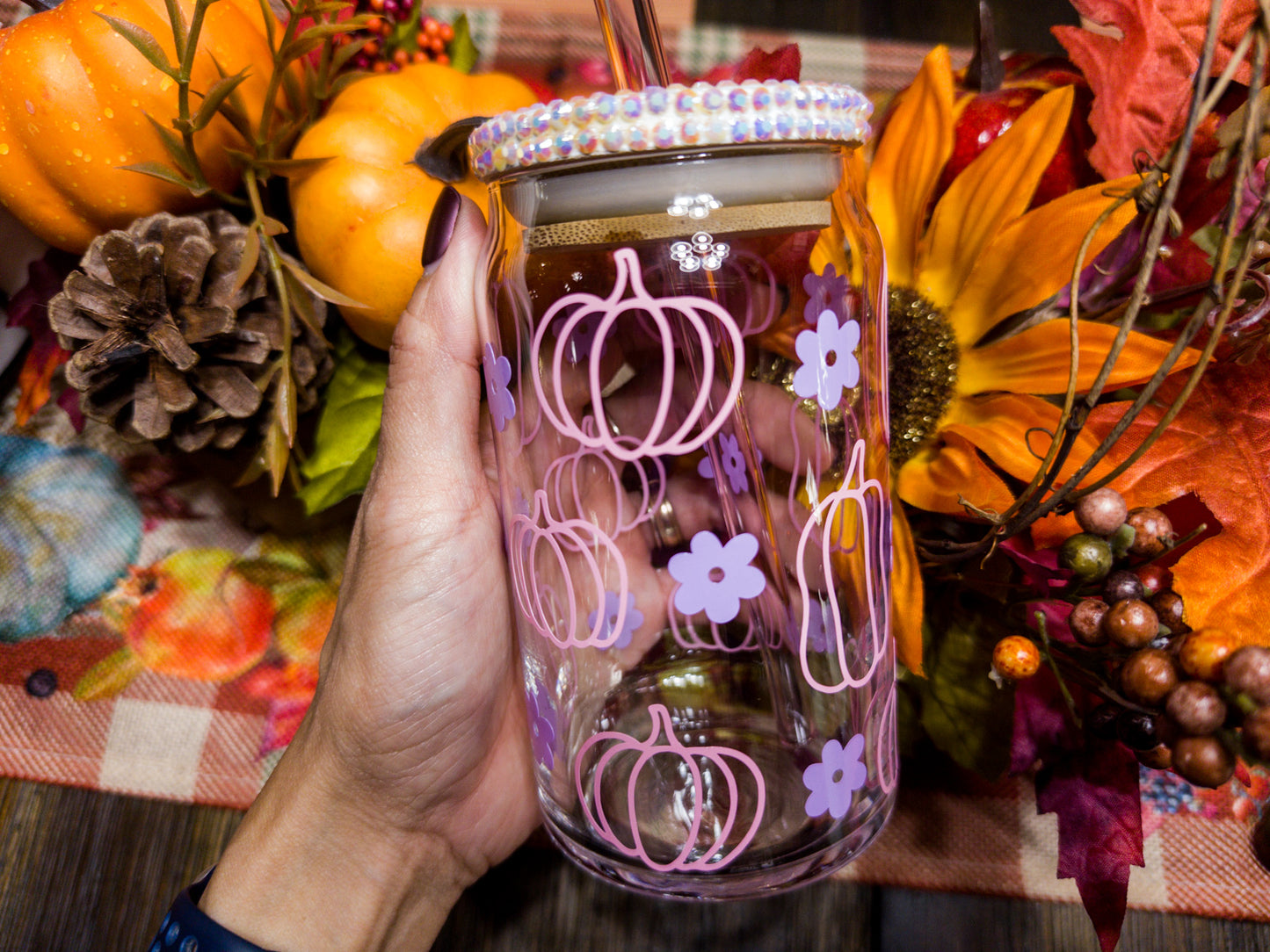Pumpkin Retro Flower Glass Can