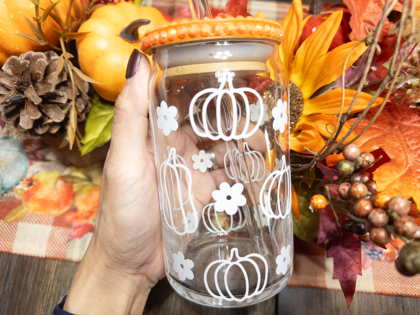 Pumpkin Retro Flower Glass Can