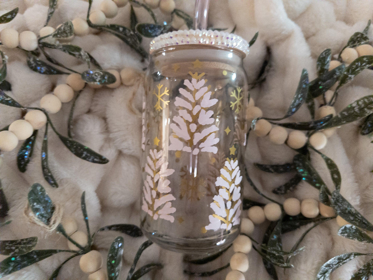 Pink and Gold Christmas Tree Glass Can