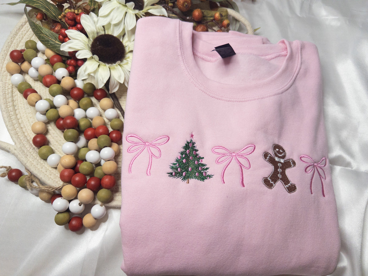 Christmas Embroidered Sweatshirt, Coquette Bow Holiday Crewneck