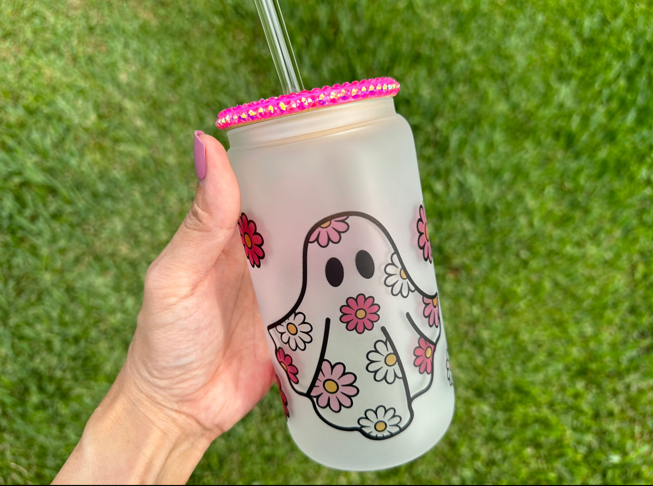 Cute Retro Boo Floral Glass Can|