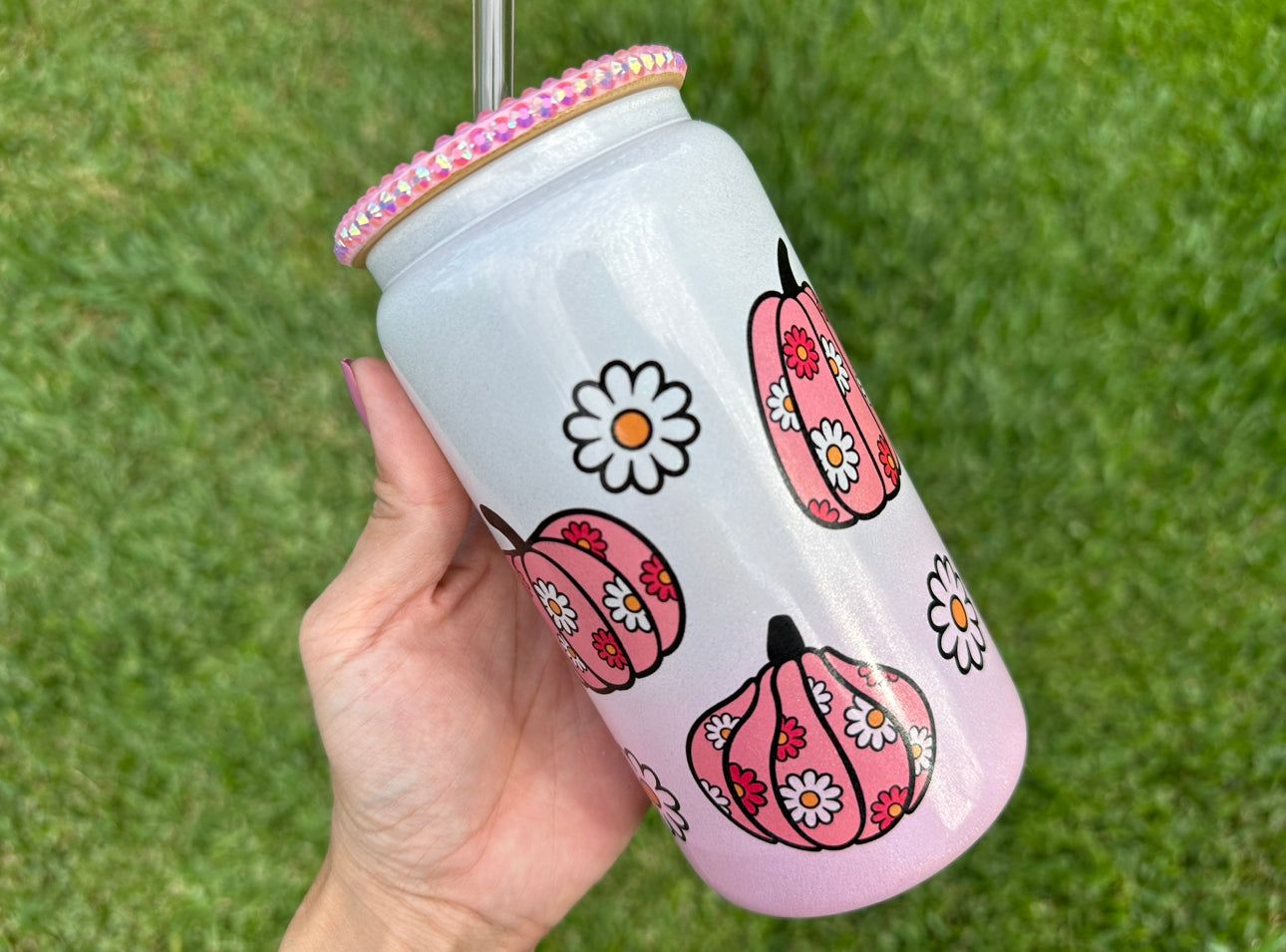 Cute Retro Boo Floral Glass Can|