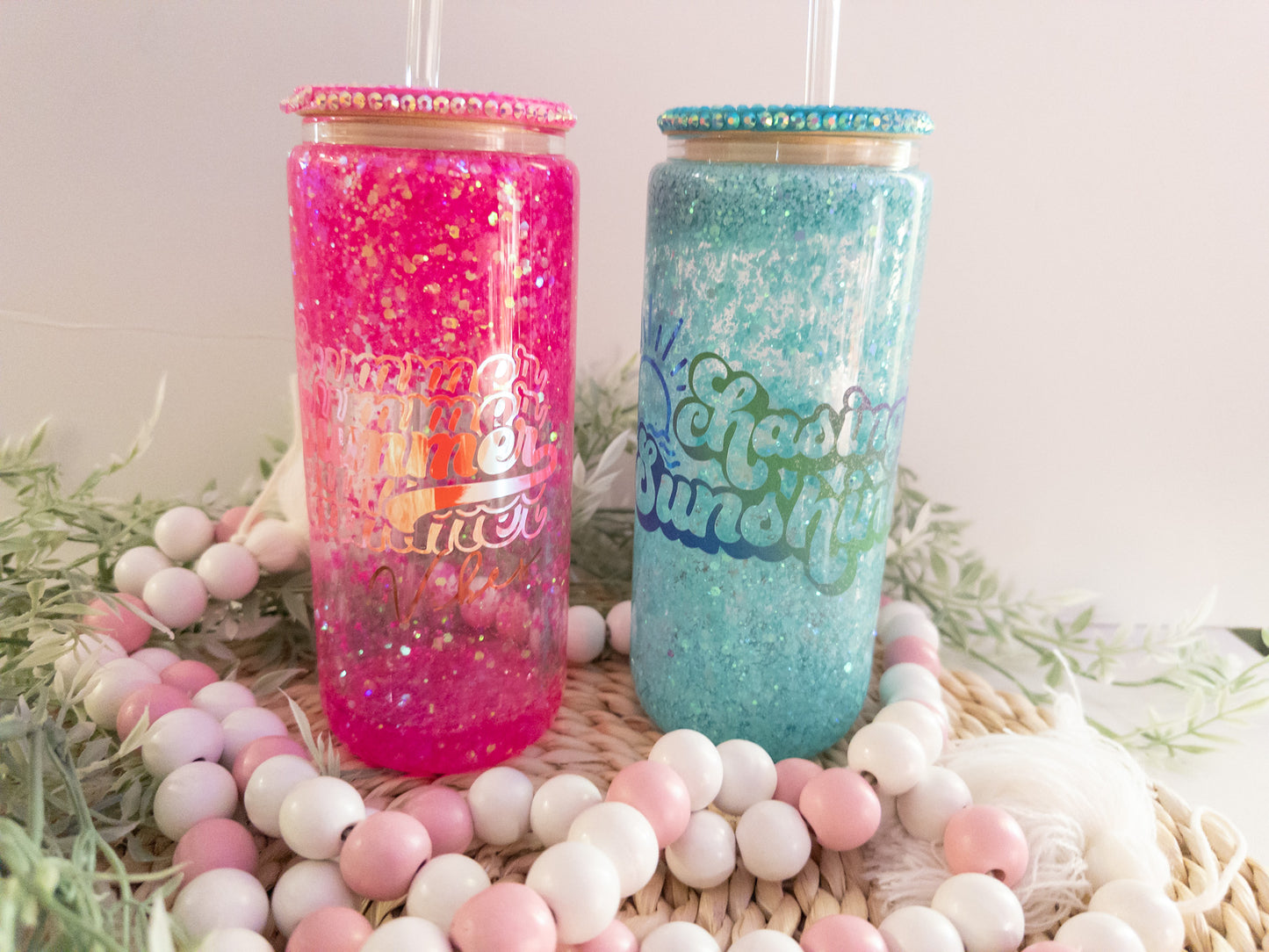 Summer Snow Globe Glass Can| Summer Vibes Glass Can