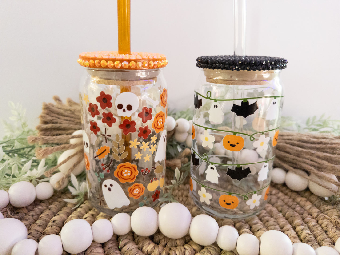 Halloween Glass Can|Pumpkin and Bats Glass Can, Floral Bones and Skull Glass Can