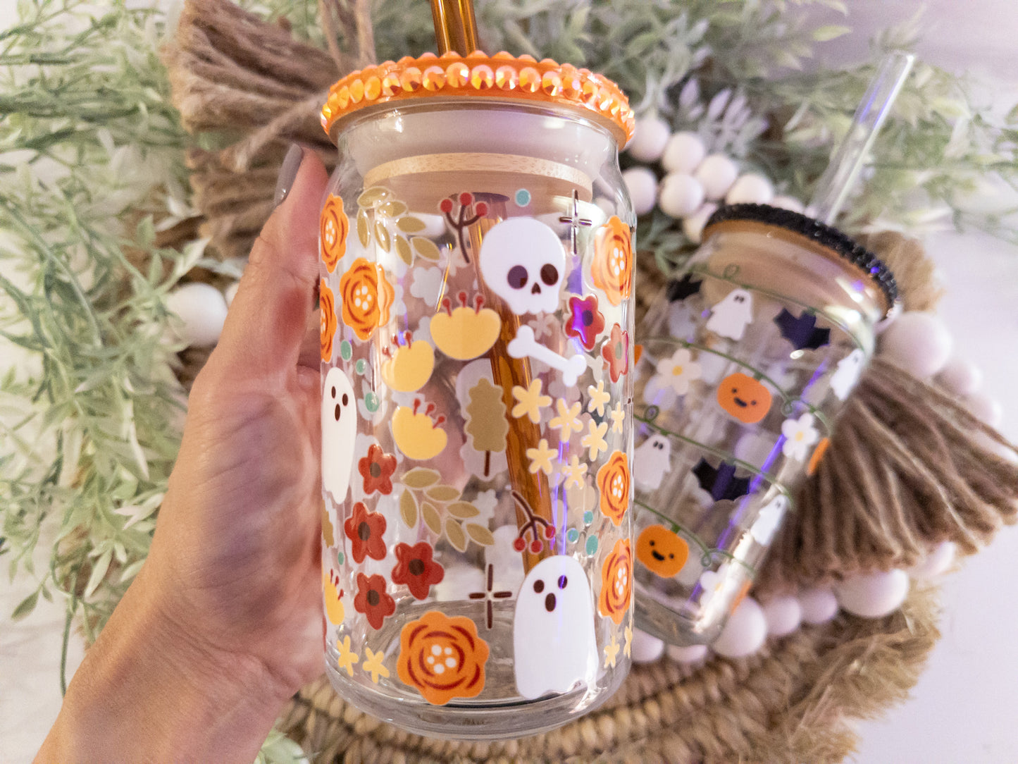 Halloween Glass Can|Pumpkin and Bats Glass Can, Floral Bones and Skull Glass Can