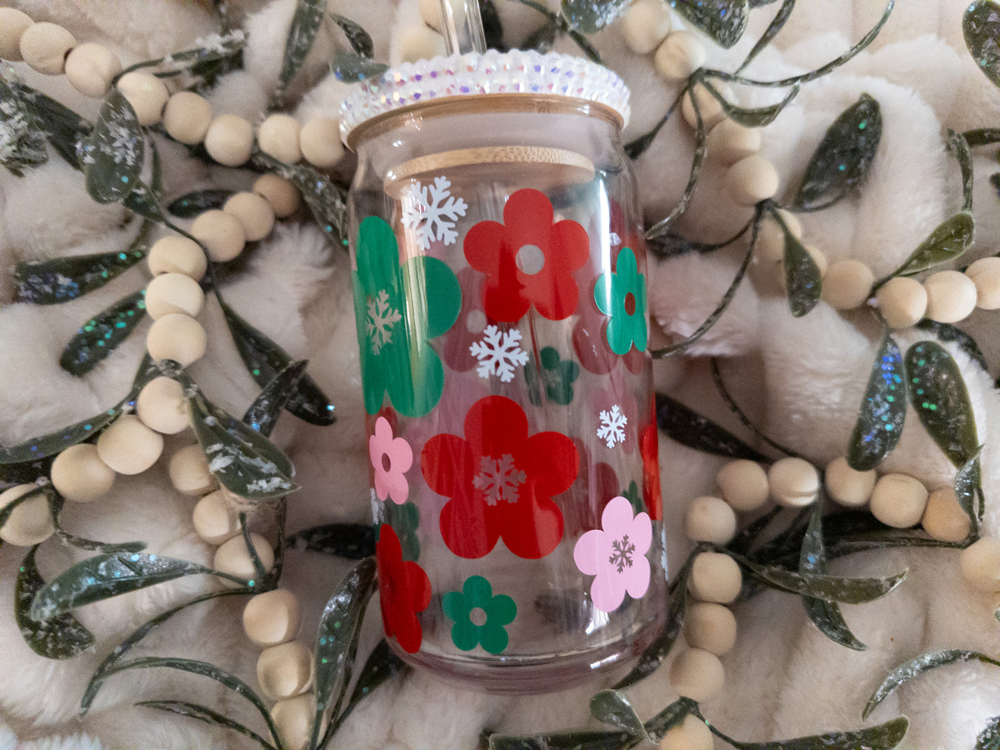 Retro Flower SnowFlakes Christmas Glass Can