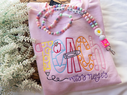 Teacher Embroidered Crewneck and Beaded Lanyard Set