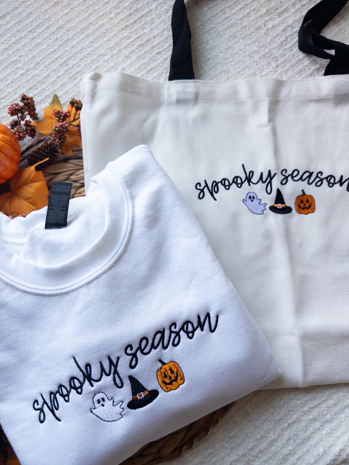 Embroidered Spooky Season Sweatshirt and Tote Bag