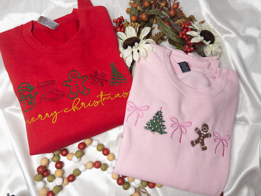 Christmas Embroidered Sweatshirt, Coquette Bow Holiday Crewneck