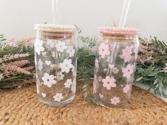 Retro Flower with Heart Glass Can