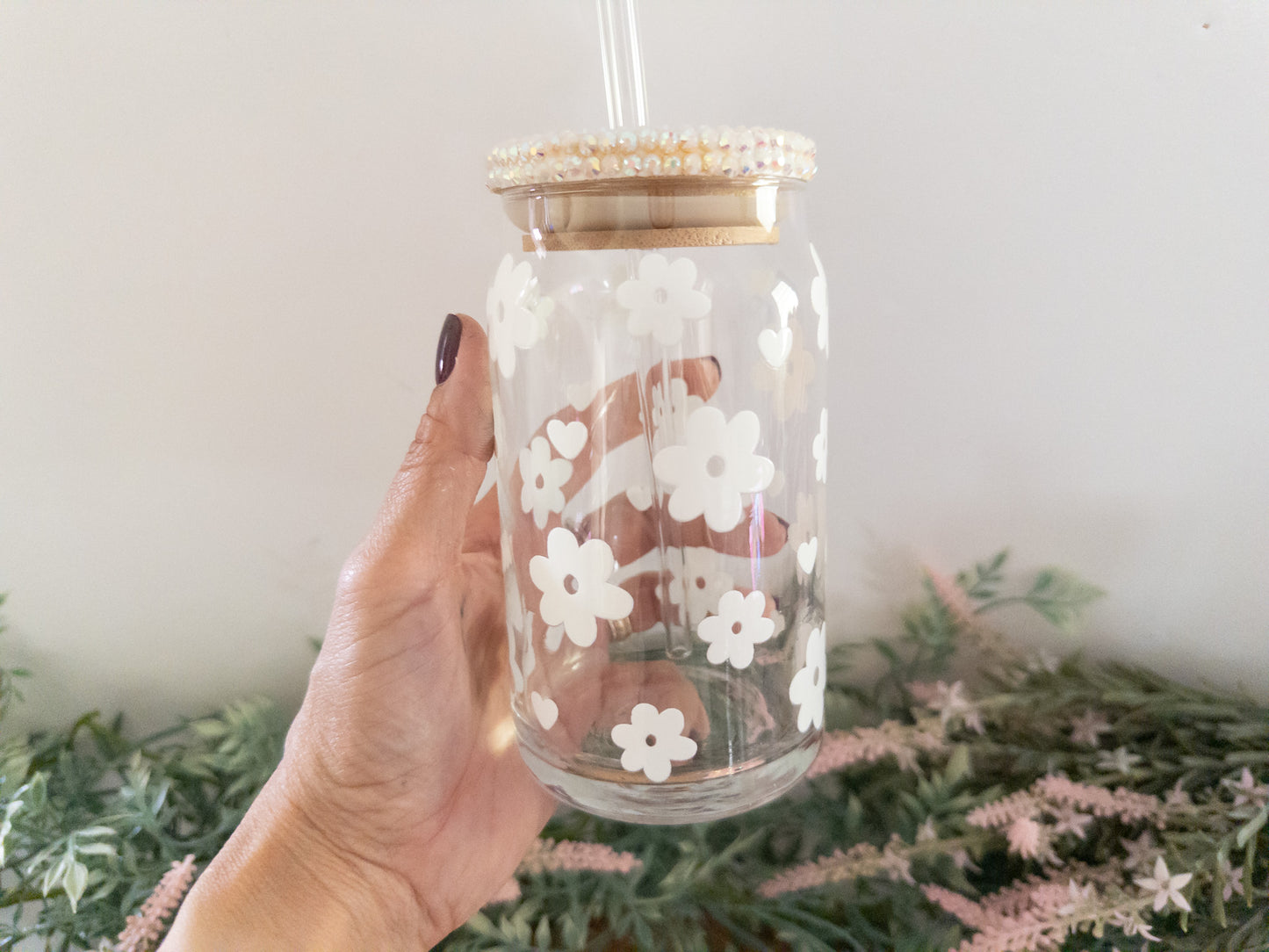 Retro Flower with Heart Glass Can
