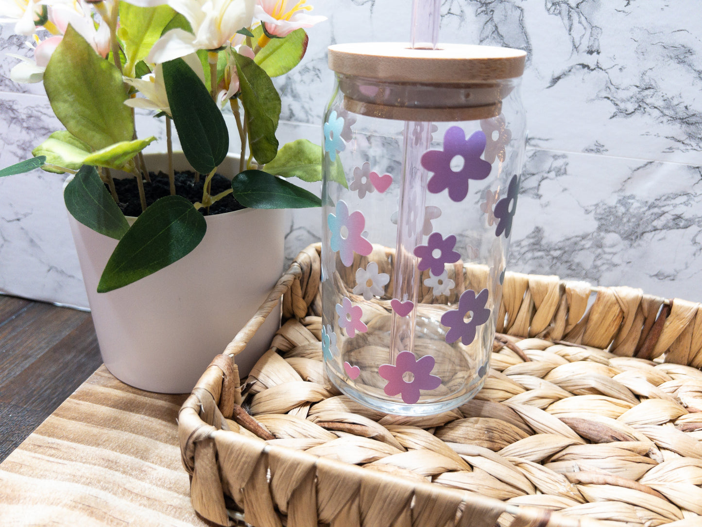 Retro Flower with Heart Glass Can