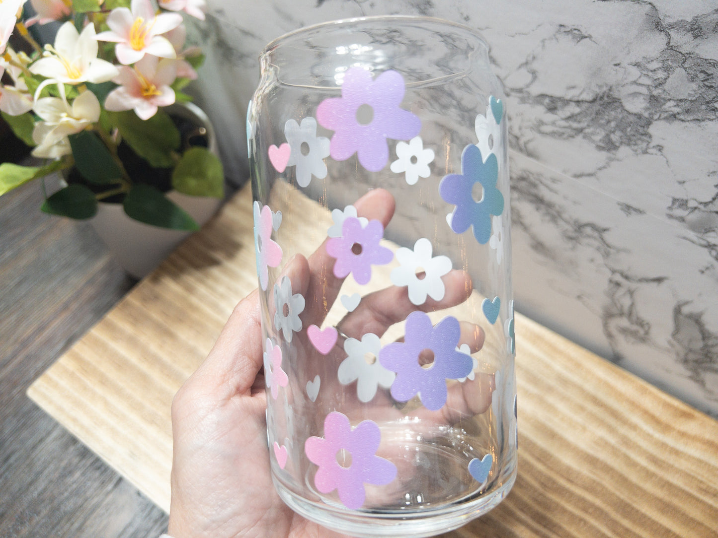 Retro Flower with Heart Glass Can