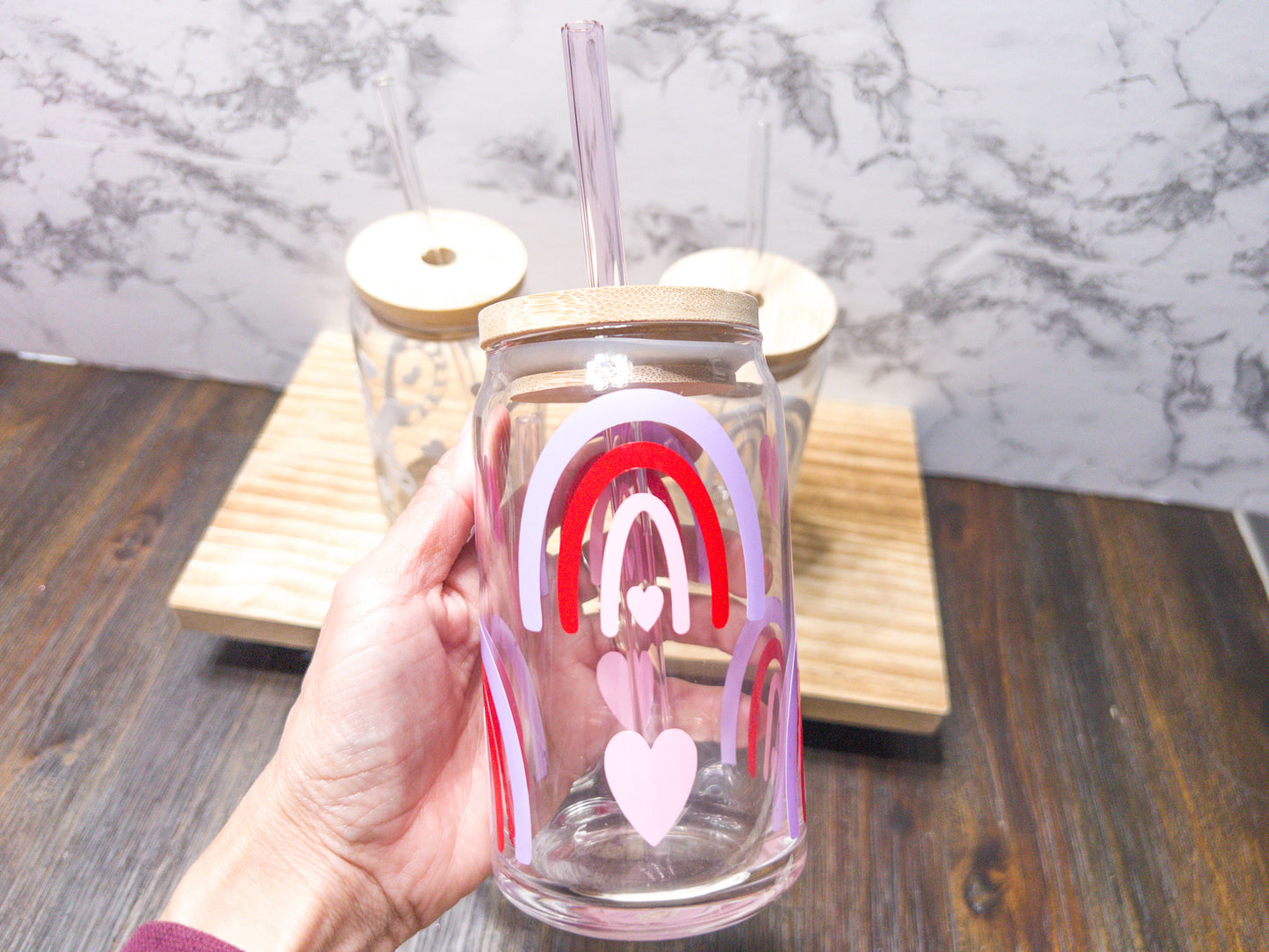 Rainbow and Hearts Glass Can