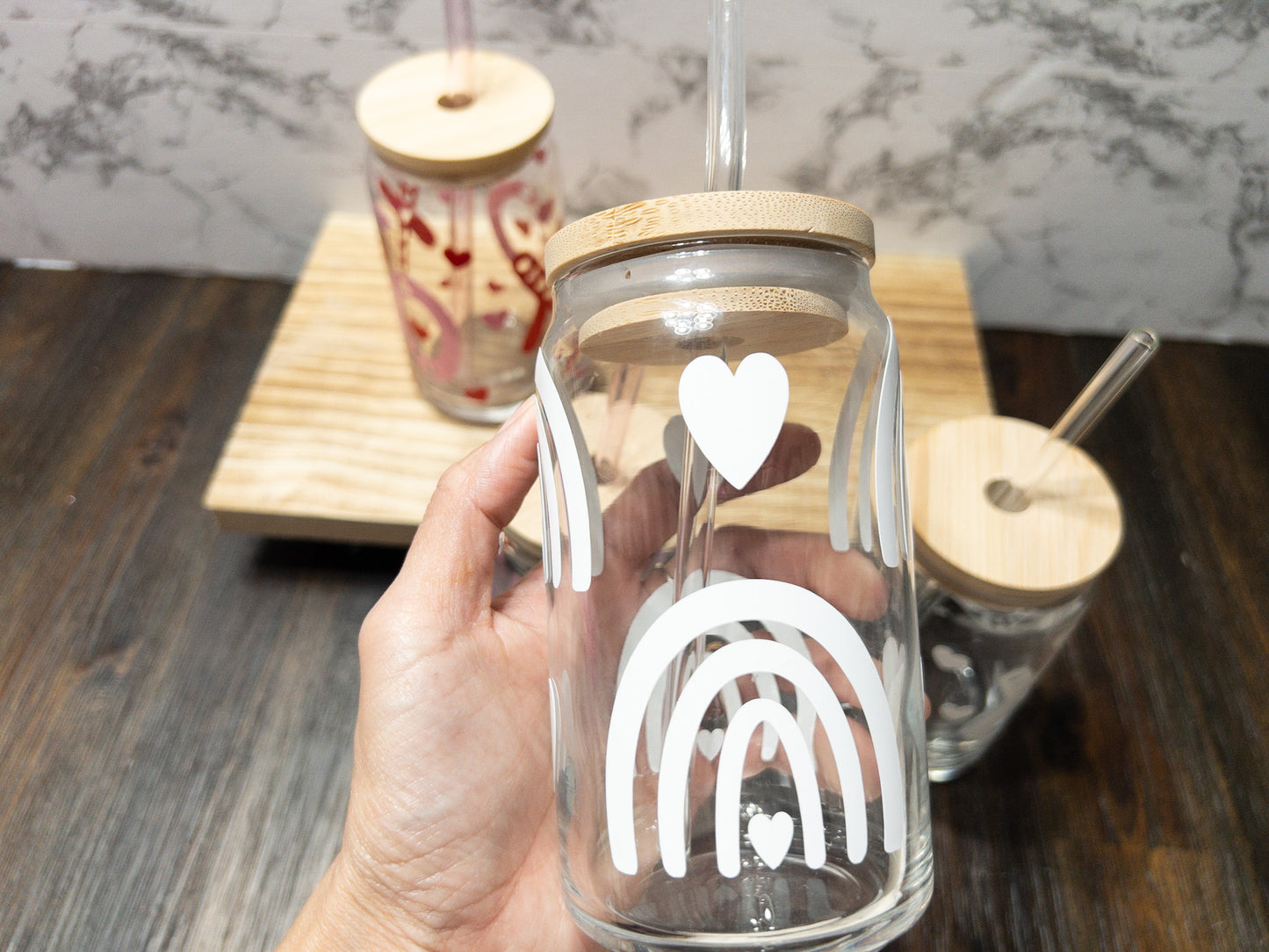 Rainbow and Hearts Glass Can