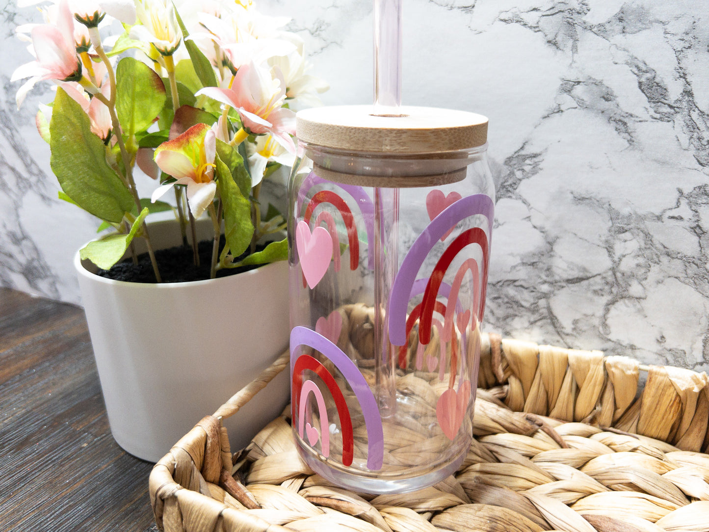 Rainbow and Hearts Glass Can