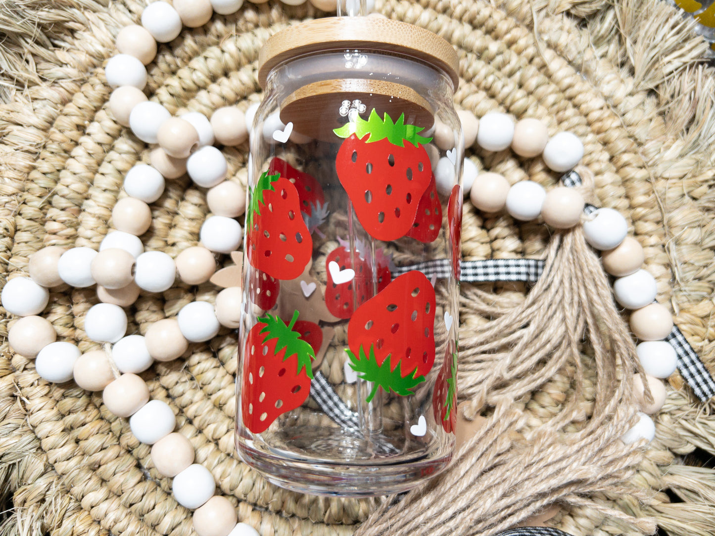 Strawberries and Hearts Glass Can