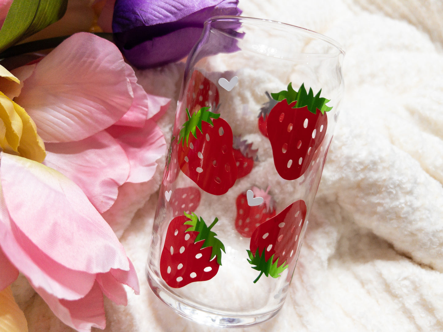 Strawberries and Hearts Glass Can