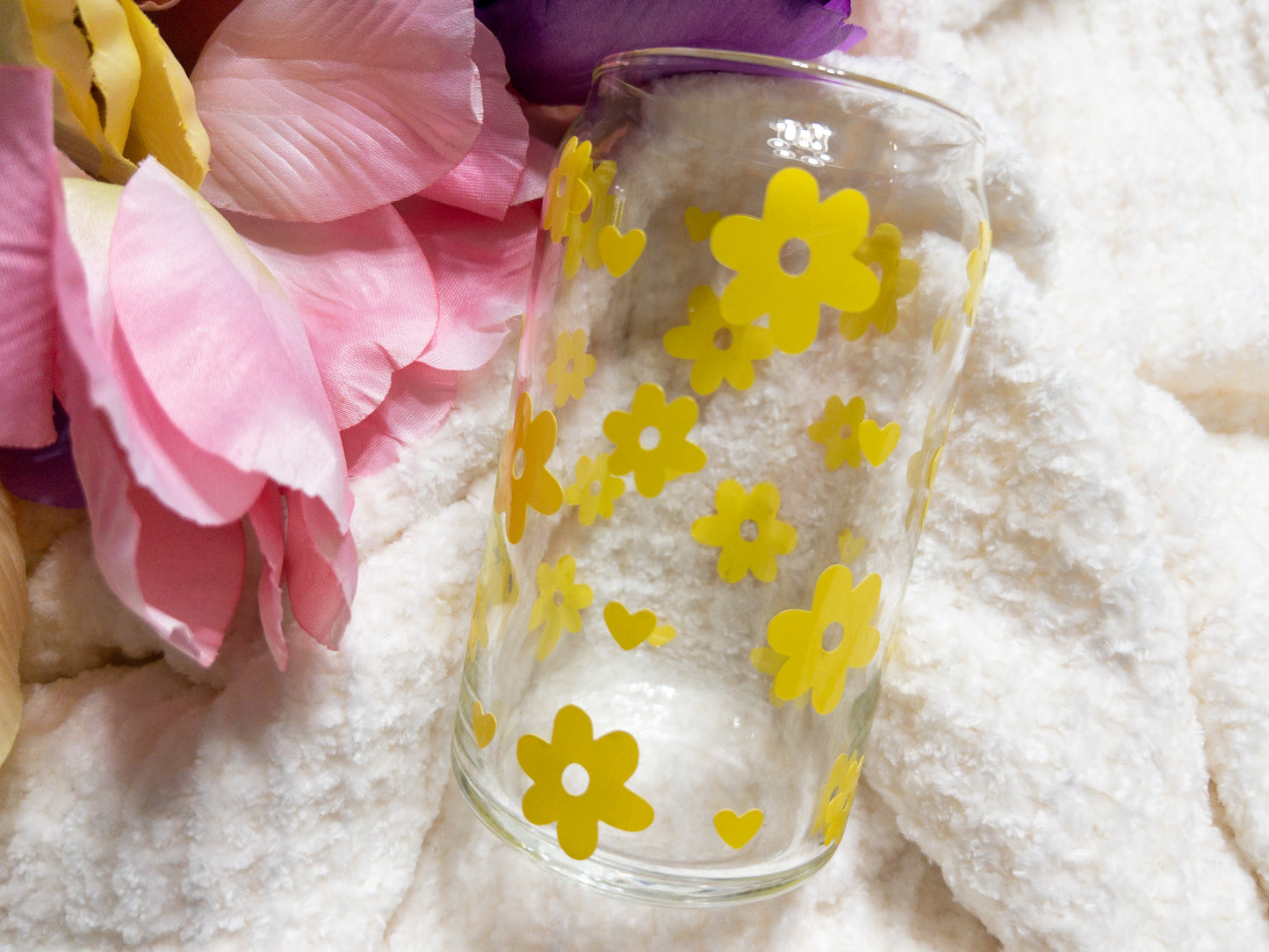 Retro Flowers with Heart Glass Can