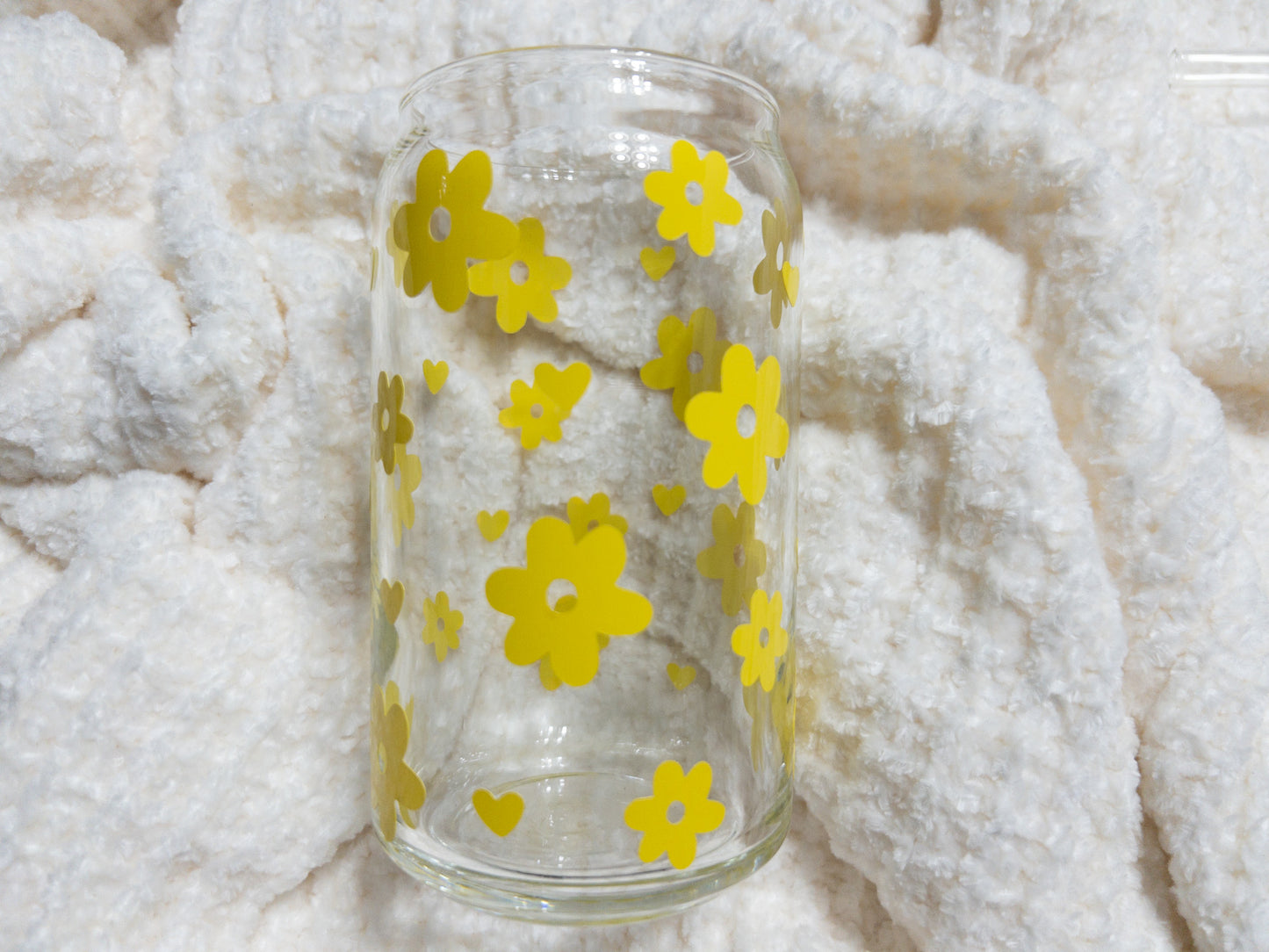 Retro Flowers with Heart Glass Can