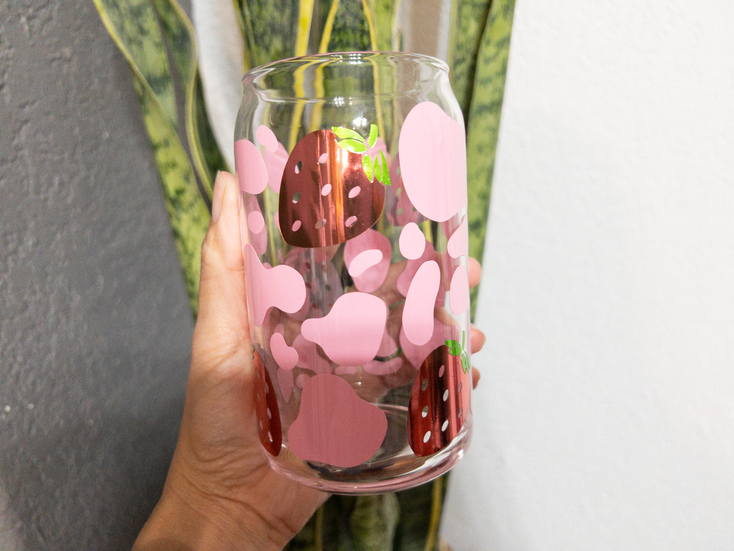 Strawberries Cow Print Glass Can