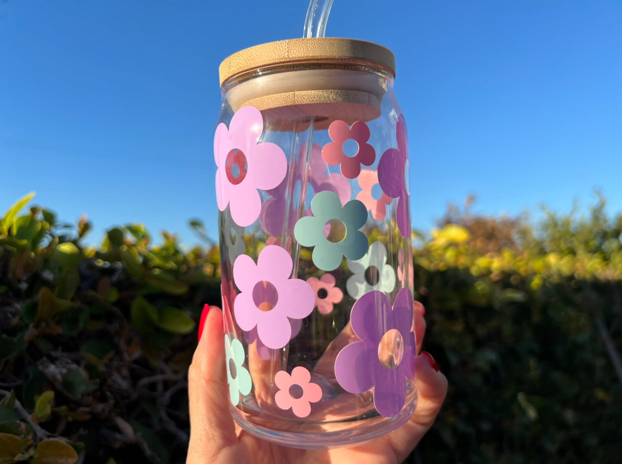 Retro Flower Pastel Color Glass Can